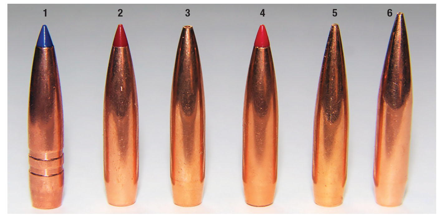 Bullets used for testing the Oregunsmithing fast-twist 243 Winchester included: (1) Barnes 95-grain LRX BT, (2) Hornady 103-grain ELD-X, (3) Lapua 105-grain Scenar-L, (4) Hornady 108-grain ELD Match, (5) Berger’s 109-grain Long Range Hybrid Target and (6) Nosler’s 115-grain RDF.